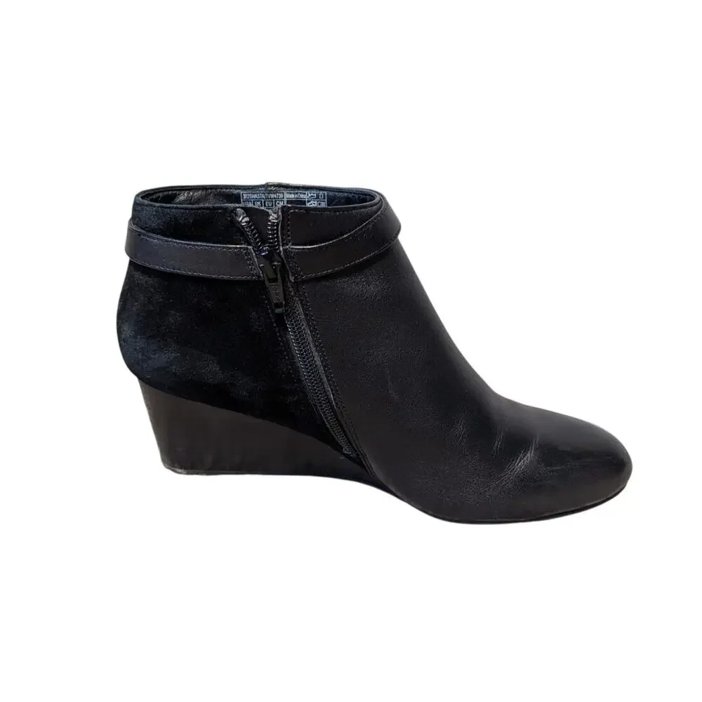 Vionic Shasta Womens 8.5 Black Leather Suede Ankle Boots Wedge Side Zip Buckle